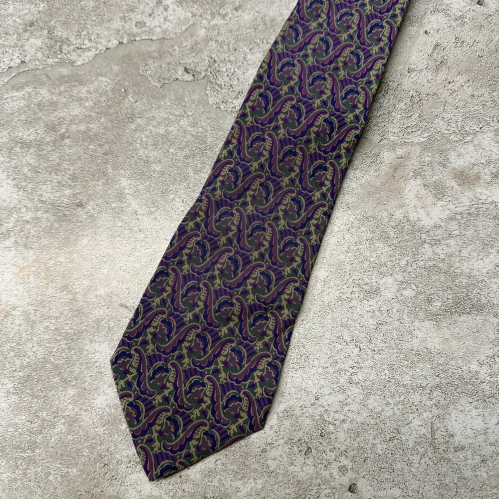 Valentino Necktie Men OS Purple Green Paisley Silk Hand Made Italy